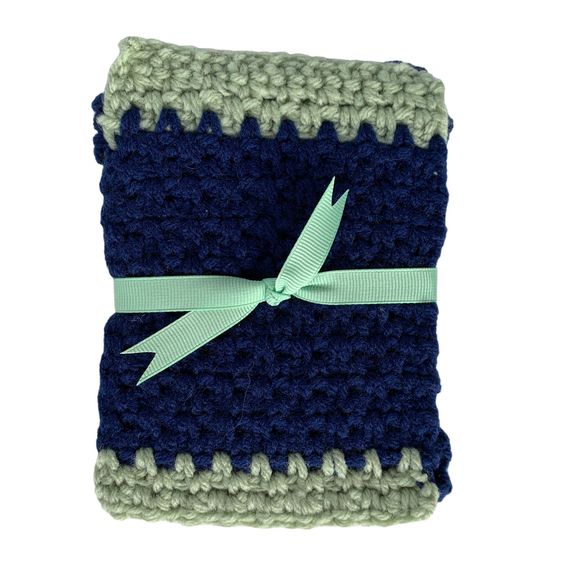 Mug Rugs Coasters Handmade Crochet Navy Blue Green Vinyl Back Set of 4 - Picture 2 of 11